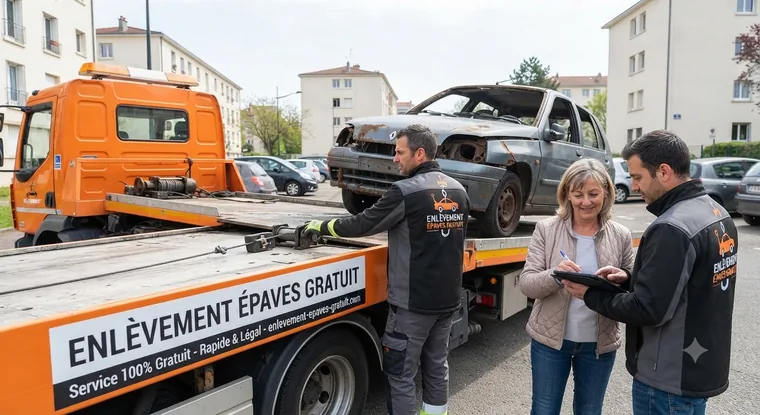 Camion d'enlèvement chargeant un véhicule hors d'usage à Dijon