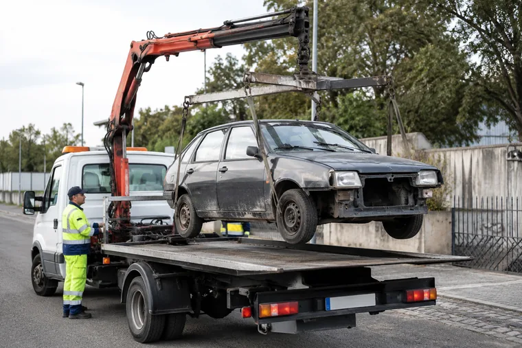 Enlèvement d'épave gratuit à Dijon : chargement par camion plateau grue